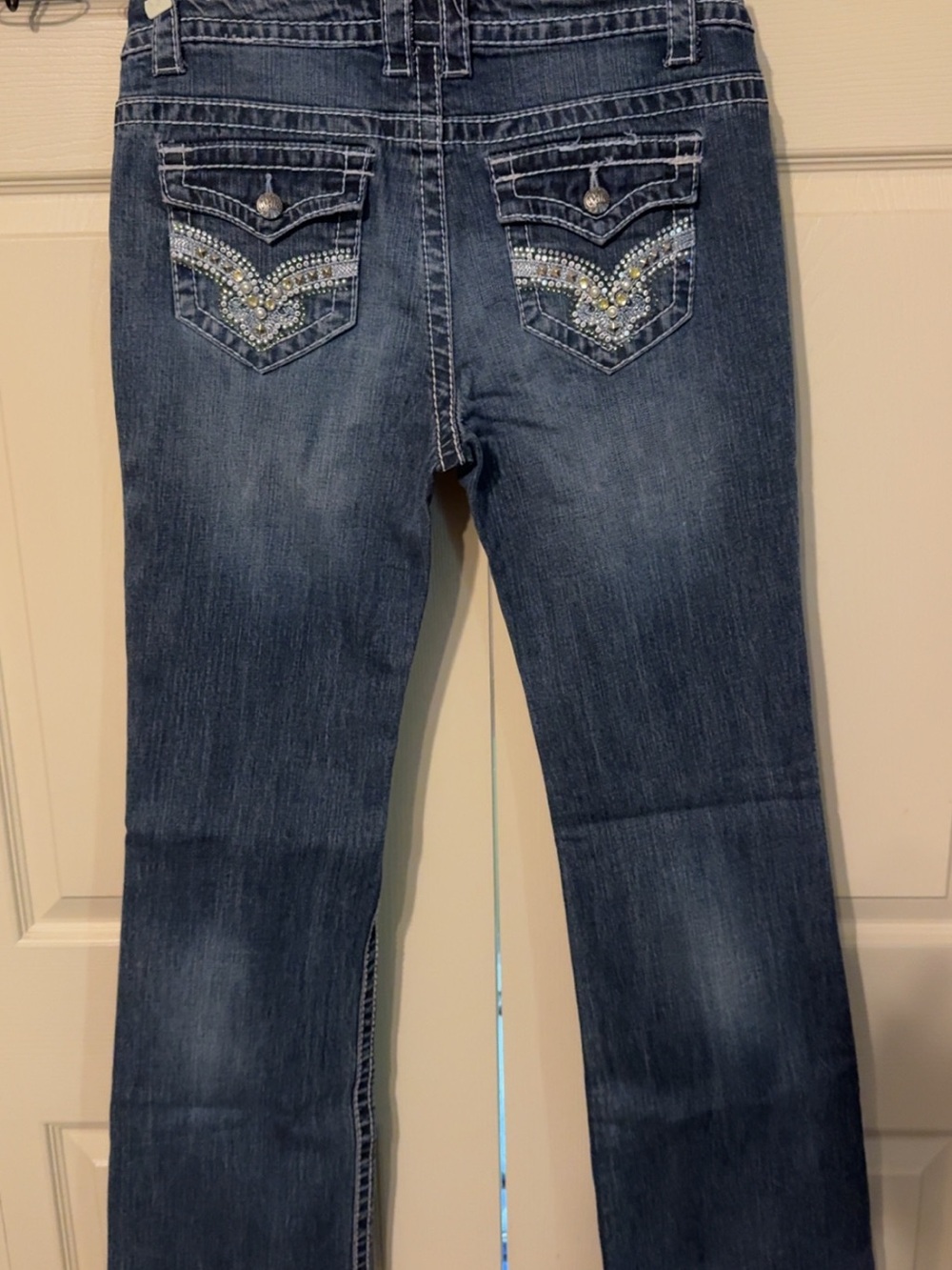 Cello Women's Dark Blue Boot Cut Jeans with Rhinestone Pocket Detail